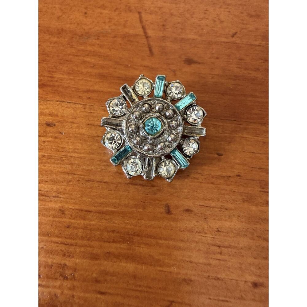 Vintage Blue & Clear Rhinestone Starburst Brooch Silver Tone Snowflake Pin